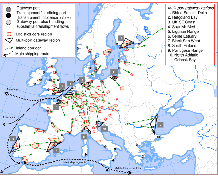欧洲集装箱港口体系及腹地物流核心区